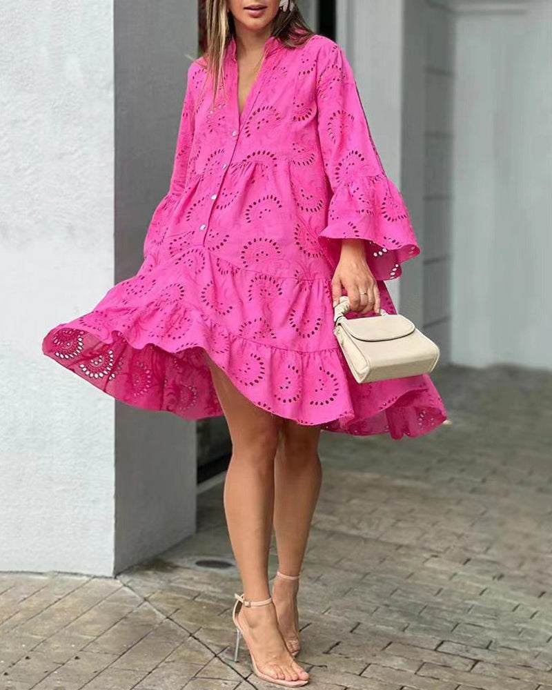 Loose Vintage Solid Color Hollow Out Lace Dress V-Neck Flare Sleeve Embroidery Mini Dress - Red L-