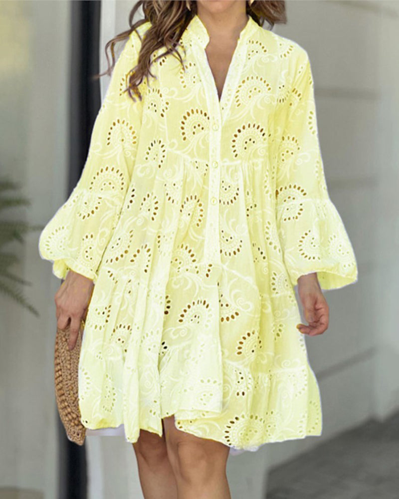 Loose Vintage Solid Color Hollow Out Lace Dress V-Neck Flare Sleeve Embroidery Mini Dress - Yellow