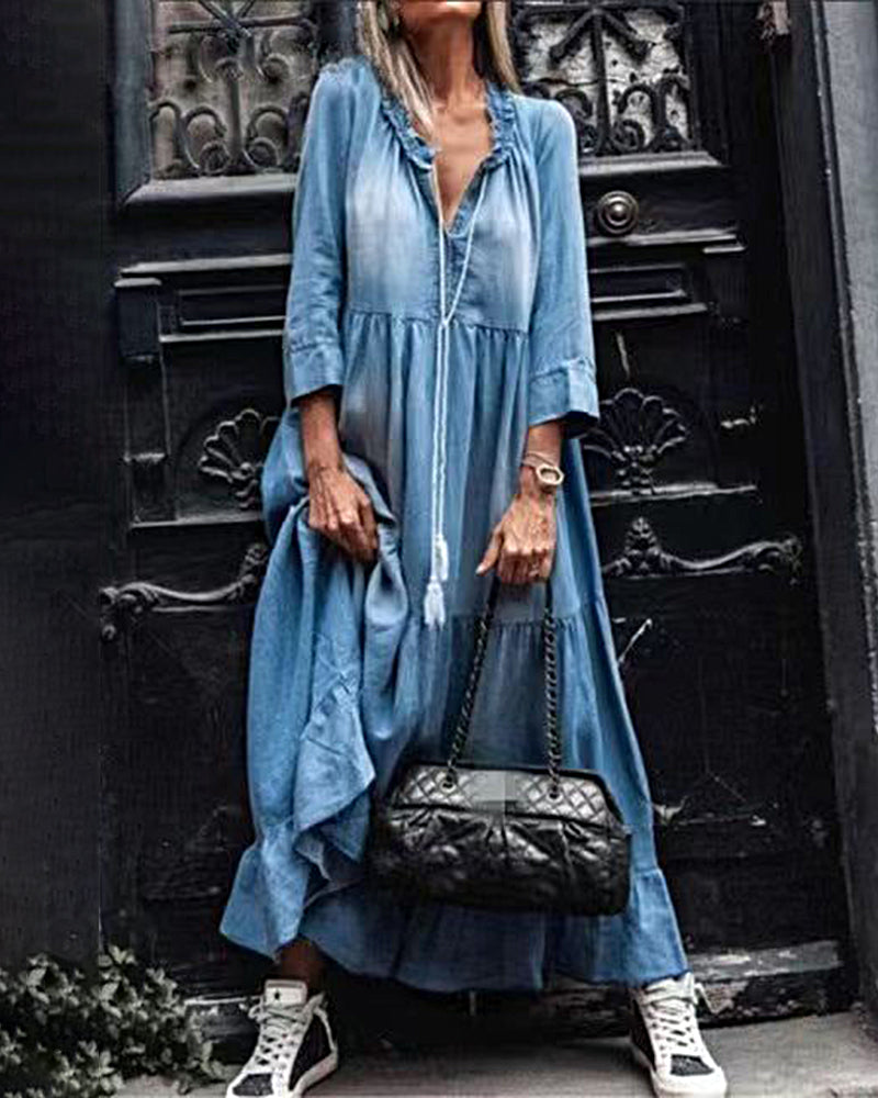 V Neck Ruffle Faux Denim Maxi Dress Plus Size Casual Seeve Flowy Tiered Long Dresses - Blue M