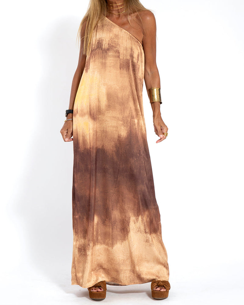 Elegant Solid Color One Shoulder Maxi Dress - Coffee