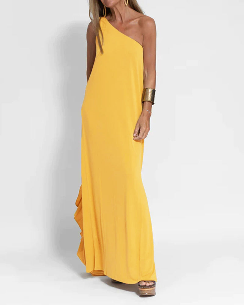 Elegant Solid Color One Shoulder Maxi Dress - Yellow M