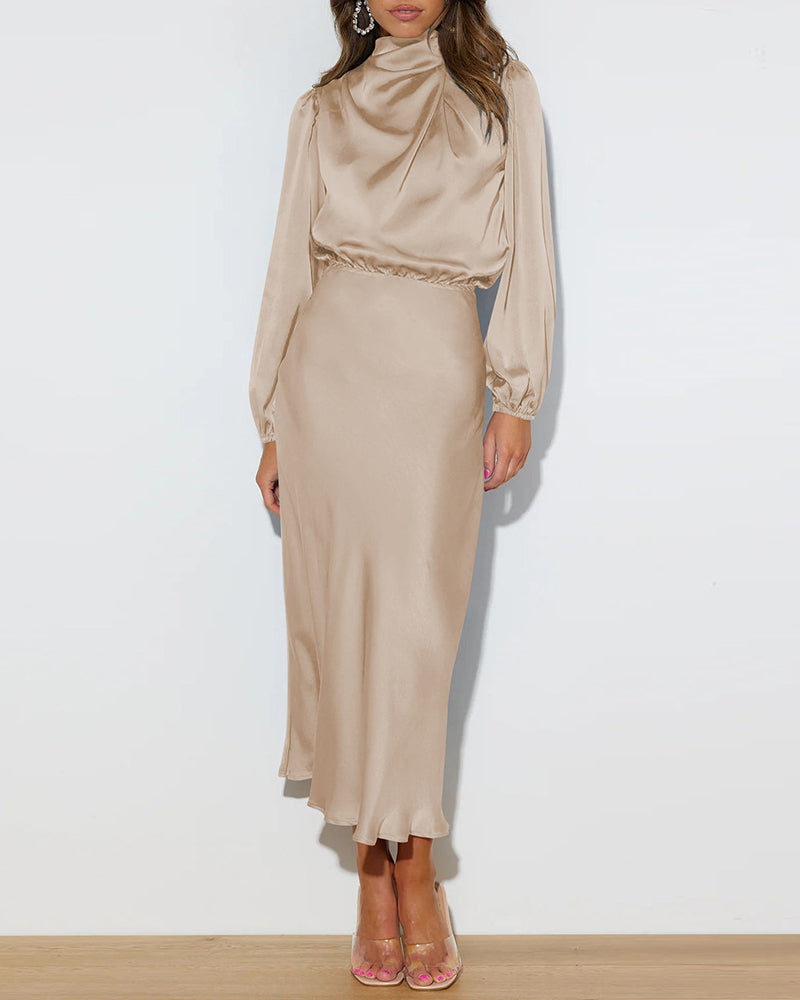 Satin Long-Sleeved Loose Fit Dress Elegant Evening Party Dresses - Apricot