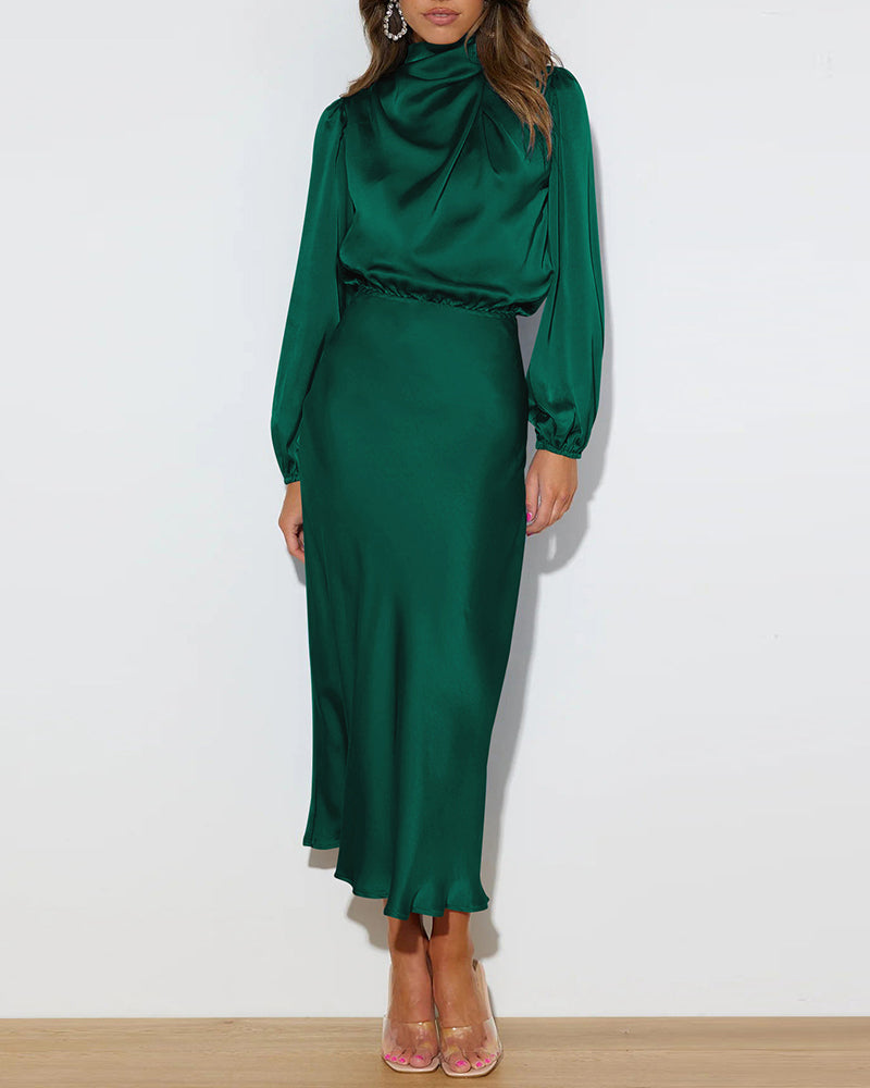 Satin Long-Sleeved Loose Fit Dress Elegant Evening Party Dresses - Green