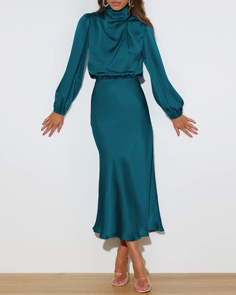 Satin Long-Sleeved Loose Fit Dress Elegant Evening Party Dresses - Blue L-