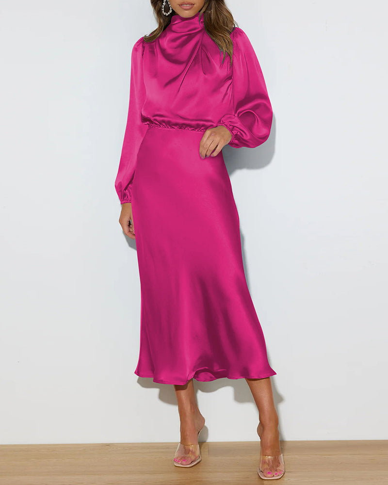 Satin Long-Sleeved Loose Fit Dress Elegant Evening Party Dresses - Rose Red S