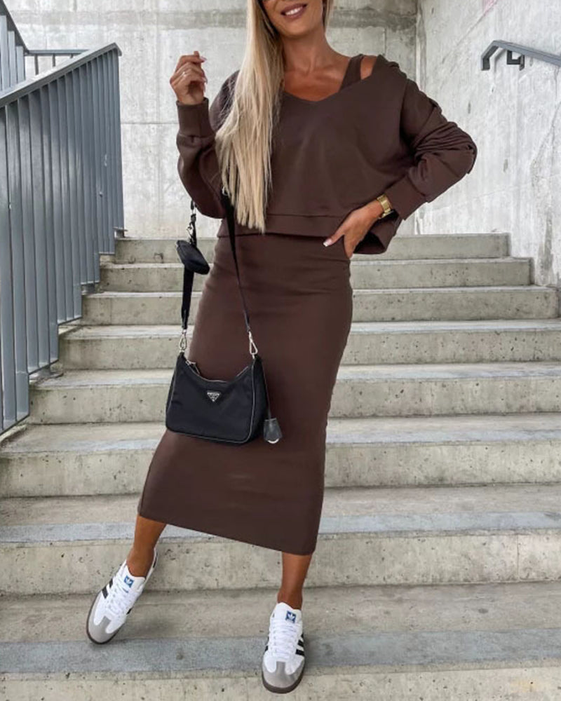Elegant Two-piece Set Sexy V-neck Off-shoulder Sweatshirt & Sleeveless Knitted Dress Skirt - Brown