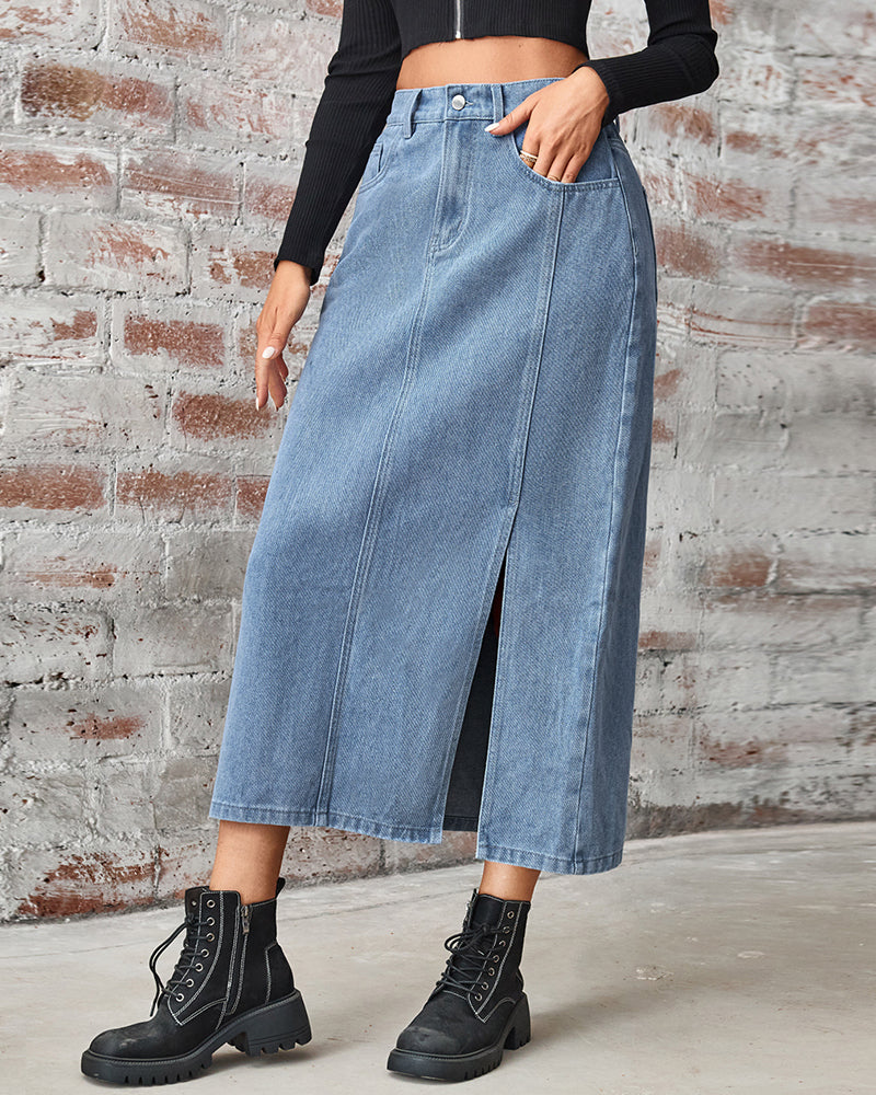 Zeagoo Women's Denim Slit Midi Skirt