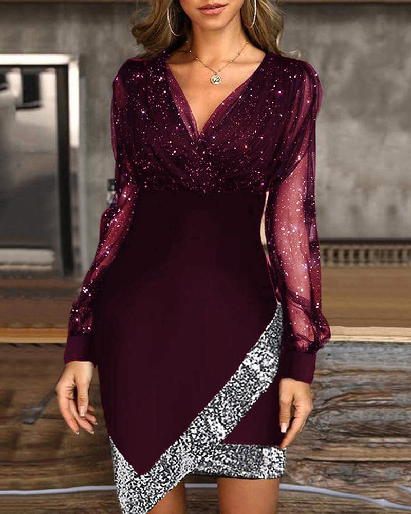 Sequin Patchwork Glitter Mesh Bodycon Dress