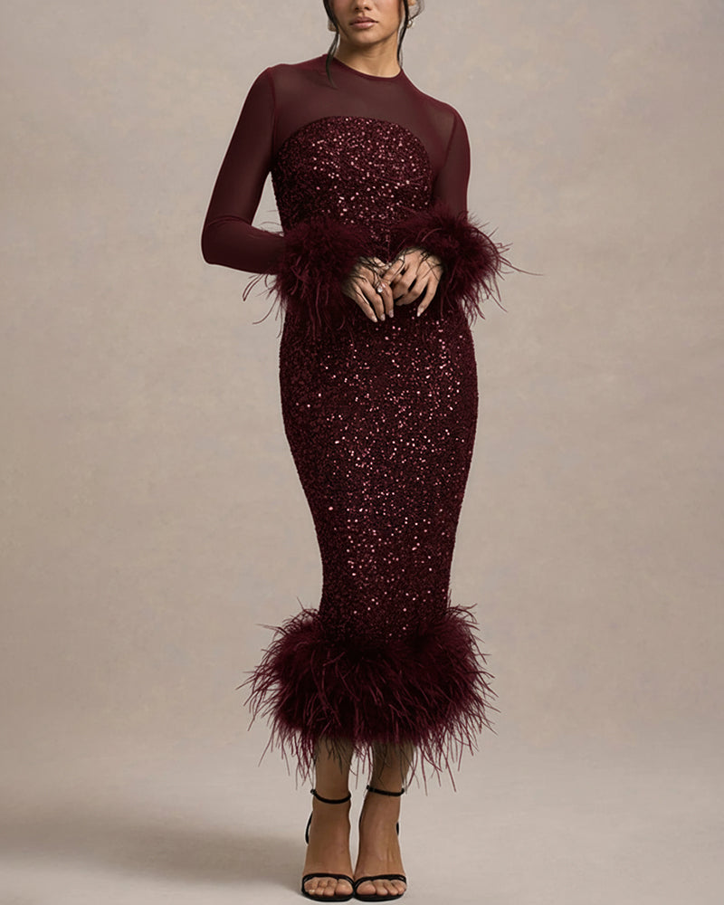 Sequin Mesh Patchwork Feather Hem Bodycon Dress