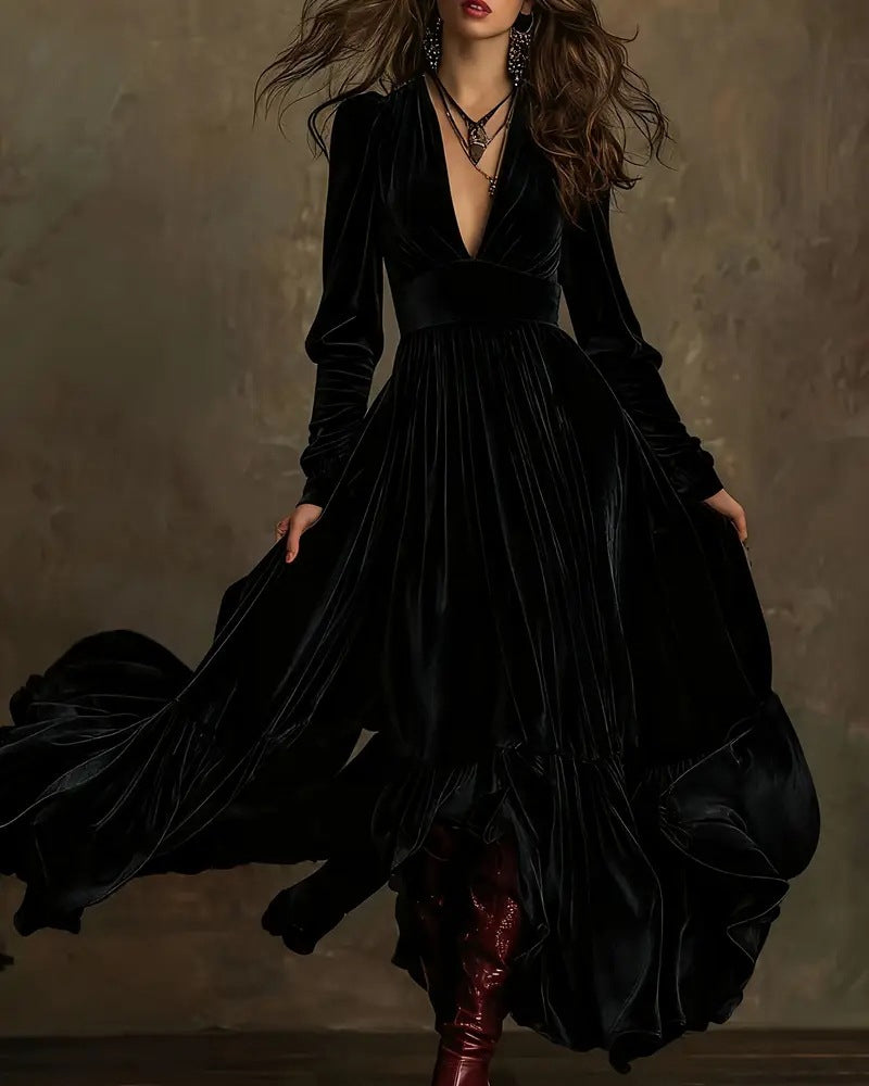 Fashionable Velvet Ruffled Hem Maxi Dress