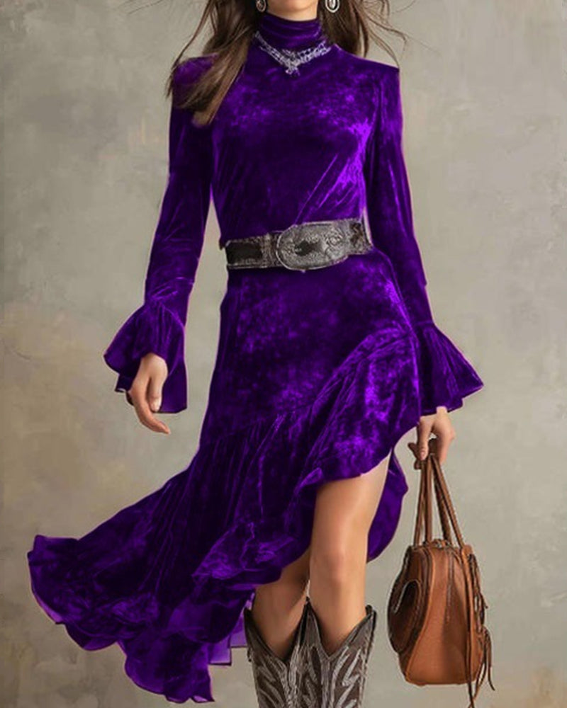 Retro Western Irregular Ruffle Hem Velvet Dress