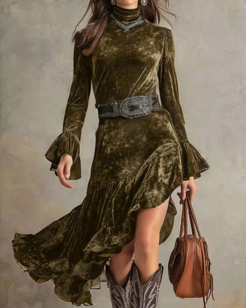 Retro Western Irregular Ruffle Hem Velvet Dress