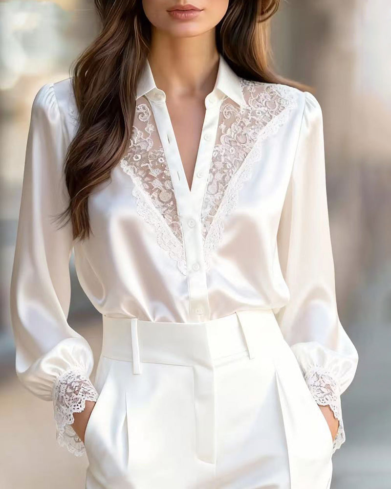 Zeagoo Urban V-neck Lace Splicing Puff Sleeve Blouse for Women Elegant Date Night Party | Under $