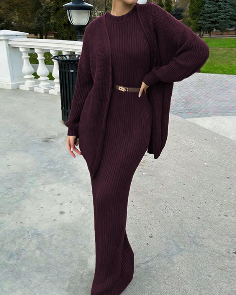 Luxury Elegant Ribbed Knit Dress and Cardigan Set