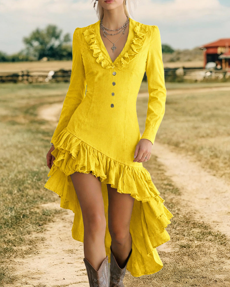Western Style Ruffle Trim Denim Dress