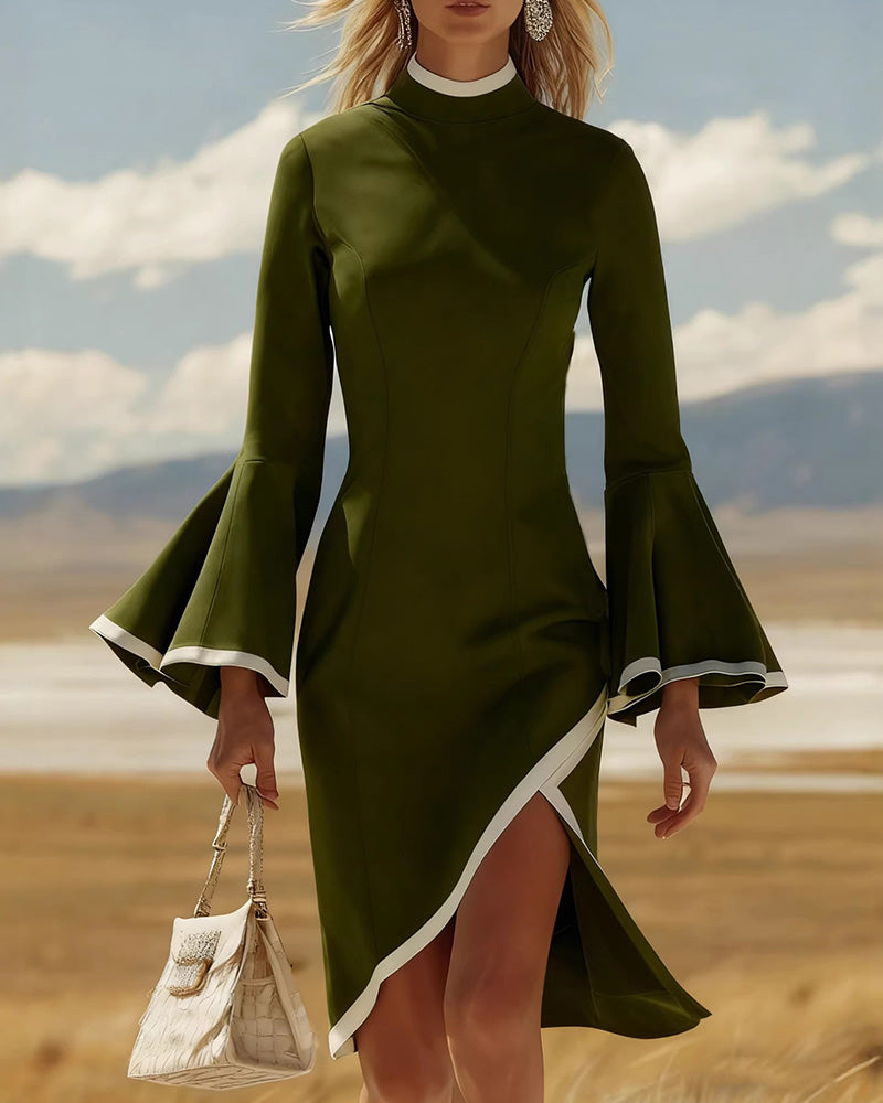 Elegant Suede Flared Sleeves Midi Dress