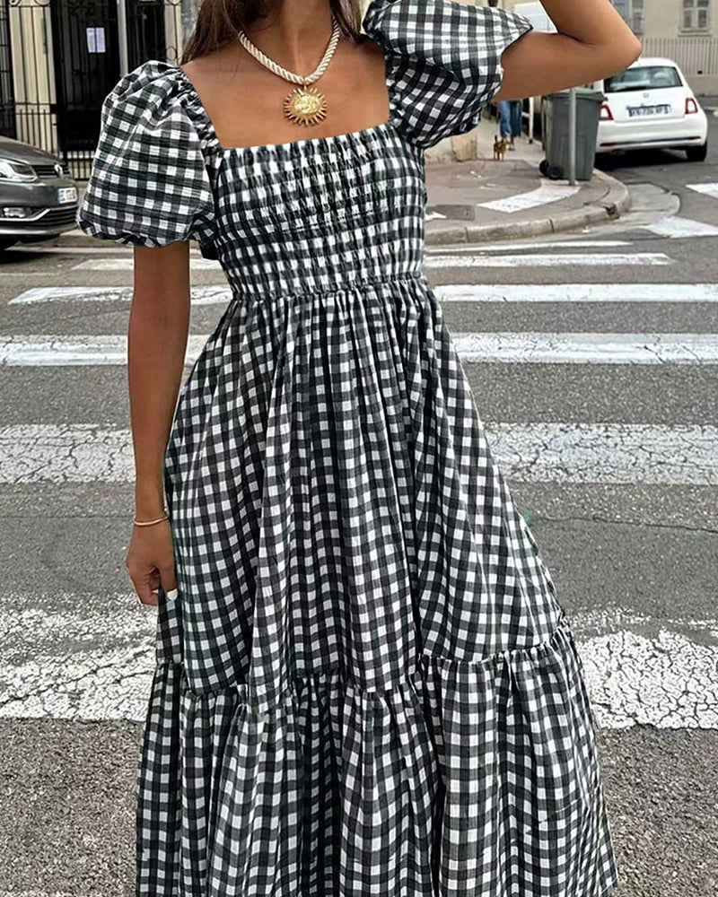 Zeagoo Women's Summer Boho Plaid Square Neck Midi Dress Casual A Line Flowy Sundress with Pockets Beach Vacation