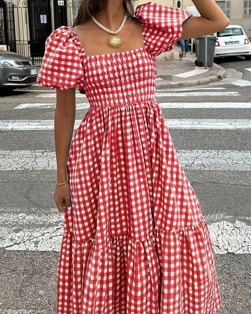 Zeagoo Women's Summer Boho Plaid Square Neck Midi Dress Casual A Line Flowy Sundress with Pockets Beach Vacation