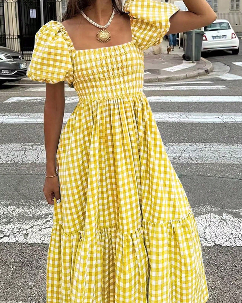 Zeagoo Women's Summer Boho Plaid Square Neck Midi Dress Casual A Line Flowy Sundress with Pockets Beach Vacation