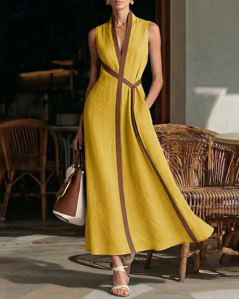 Zeagoo Women's Summer Sleeveless V Neck Contrast Color Block Maxi Dress Casual Elegant A Line Long Sundress