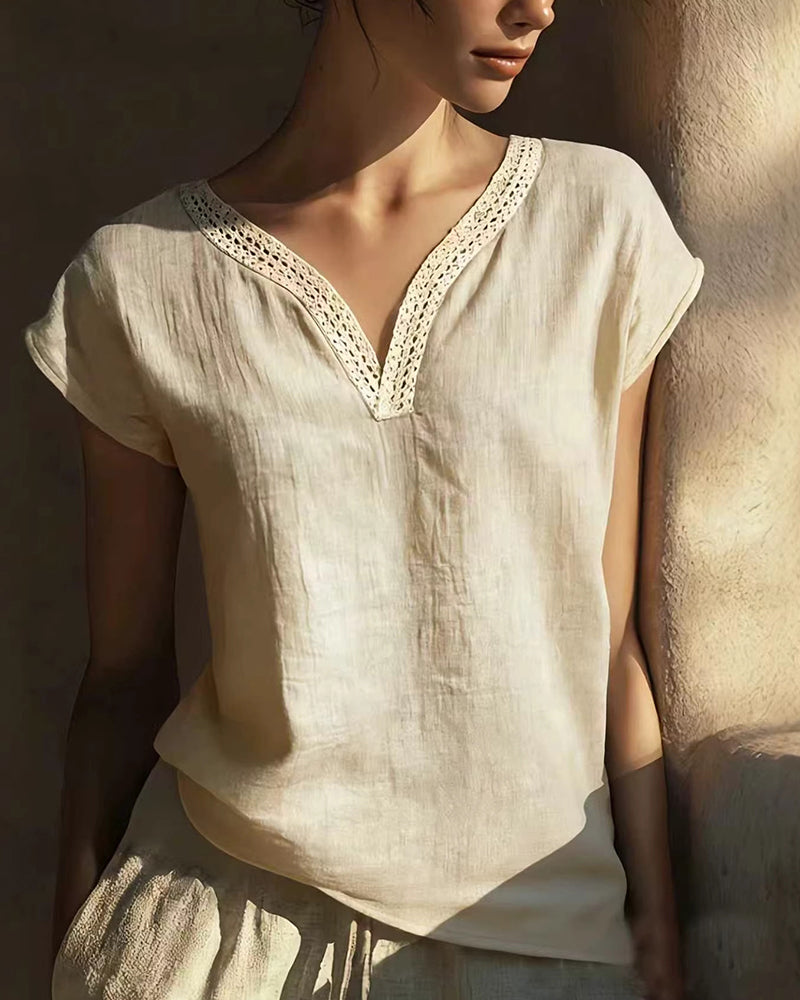 Zeagoo Vintage Lace V-Neck Linen Textured Blouse for Women Casual Lightweight Summer Beach | Under $