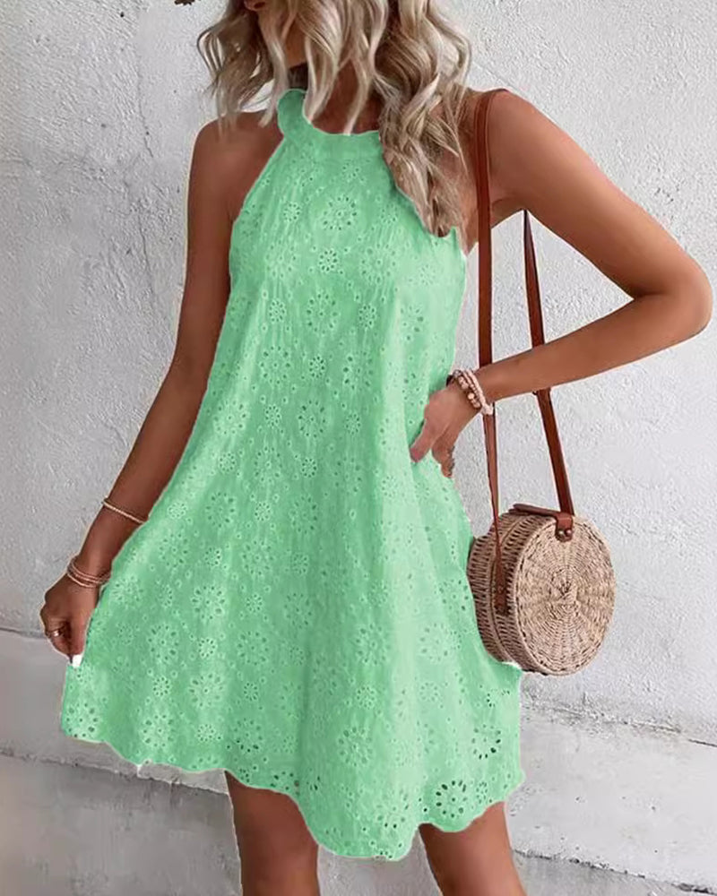 Zeagoo Boho Eyelet Pattern Halter Neck Cotton Sleeveless Dress for Women Casual Summer Vacation