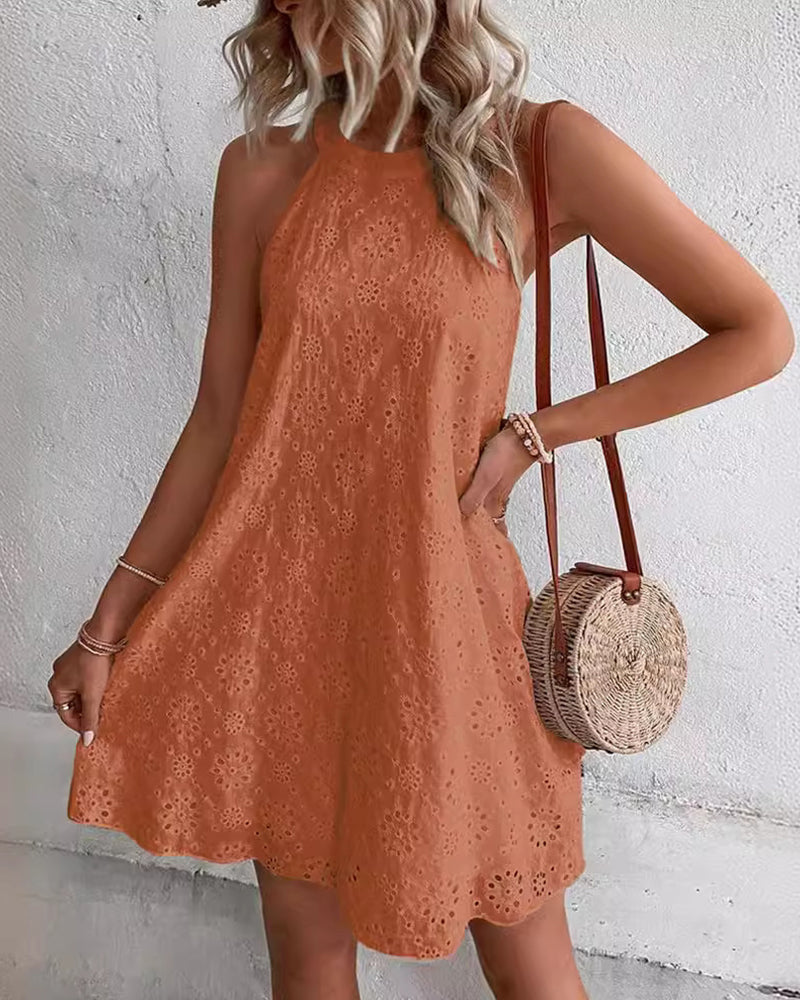 Zeagoo Boho Eyelet Pattern Halter Neck Cotton Sleeveless Dress for Women Casual Summer Vacation