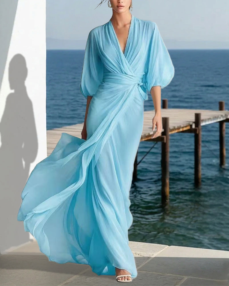 Flowy Layered Lantern Sleeves Maxi Dress