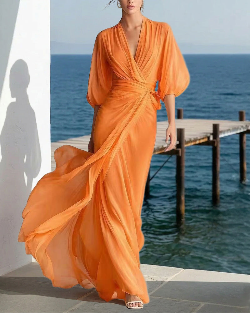 Flowy Layered Lantern Sleeves Maxi Dress