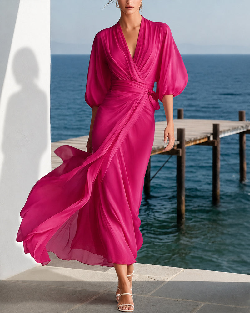 Flowy Layered Lantern Sleeves Midi Dress