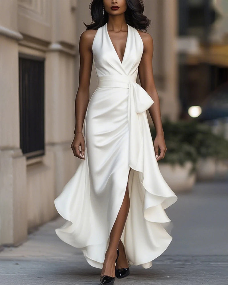 Elegant Satin Asymmetric Hem Ced Waist Dress