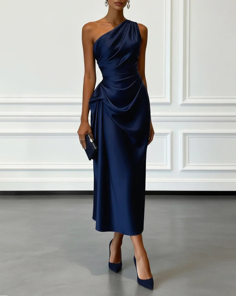 Elegant Satin Ruched One Shoulder Cocktail Dress