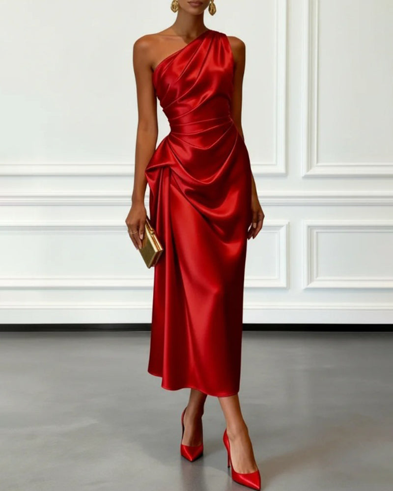 Elegant Satin Ruched One Shoulder Cocktail Dress