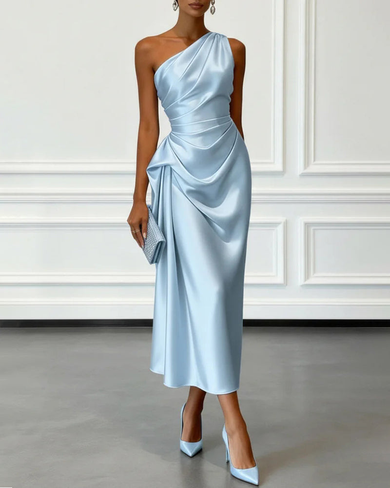 Elegant Satin Ruched One Shoulder Cocktail Dress