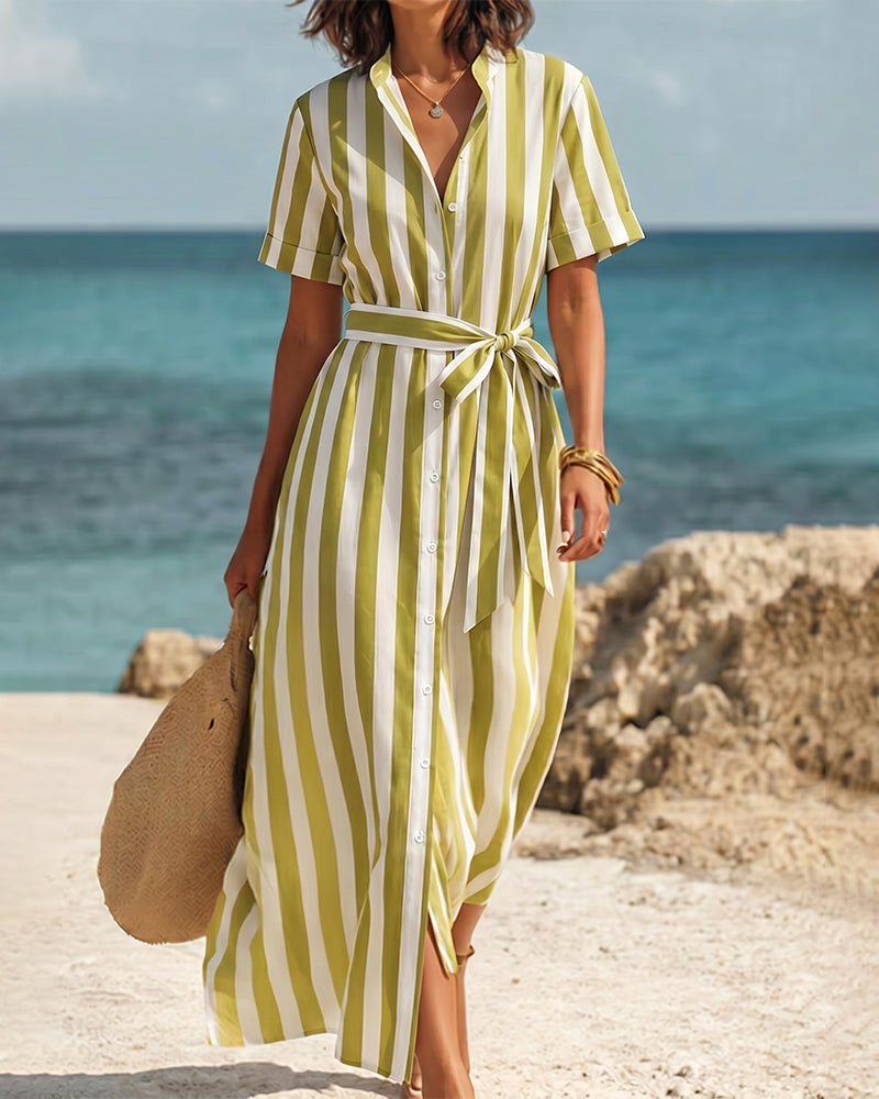 Casual Stripe Short Sleeve Shirt Dress with Waist Tie