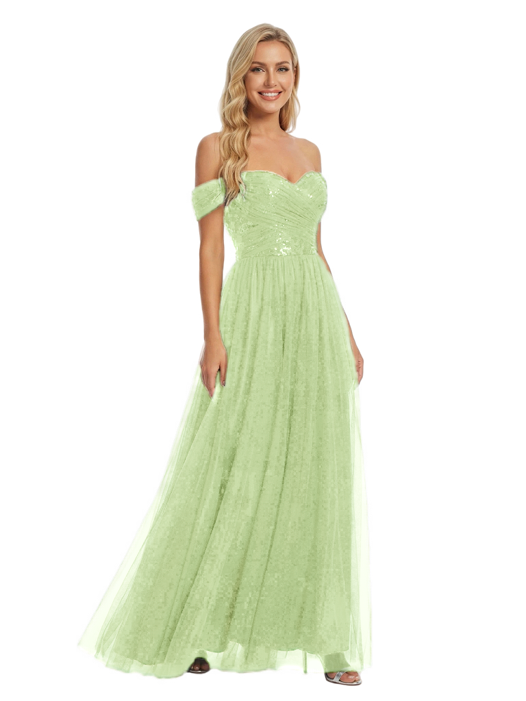 ChicSew Off The Shoulder Sequin Evening Dress Elegant Ruched Long Tulle Gown