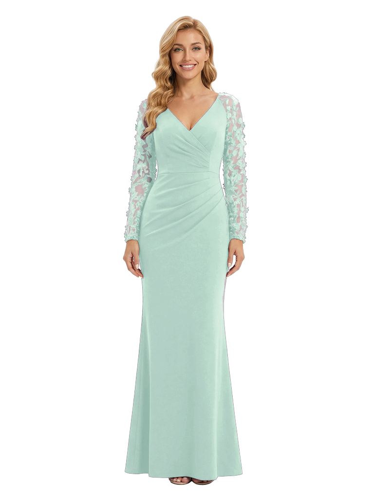 Chicsew Elegant Mother of The Groom Dress V-Neck Lace Long Sleeves Jersey Timeless Wedding Event Gown