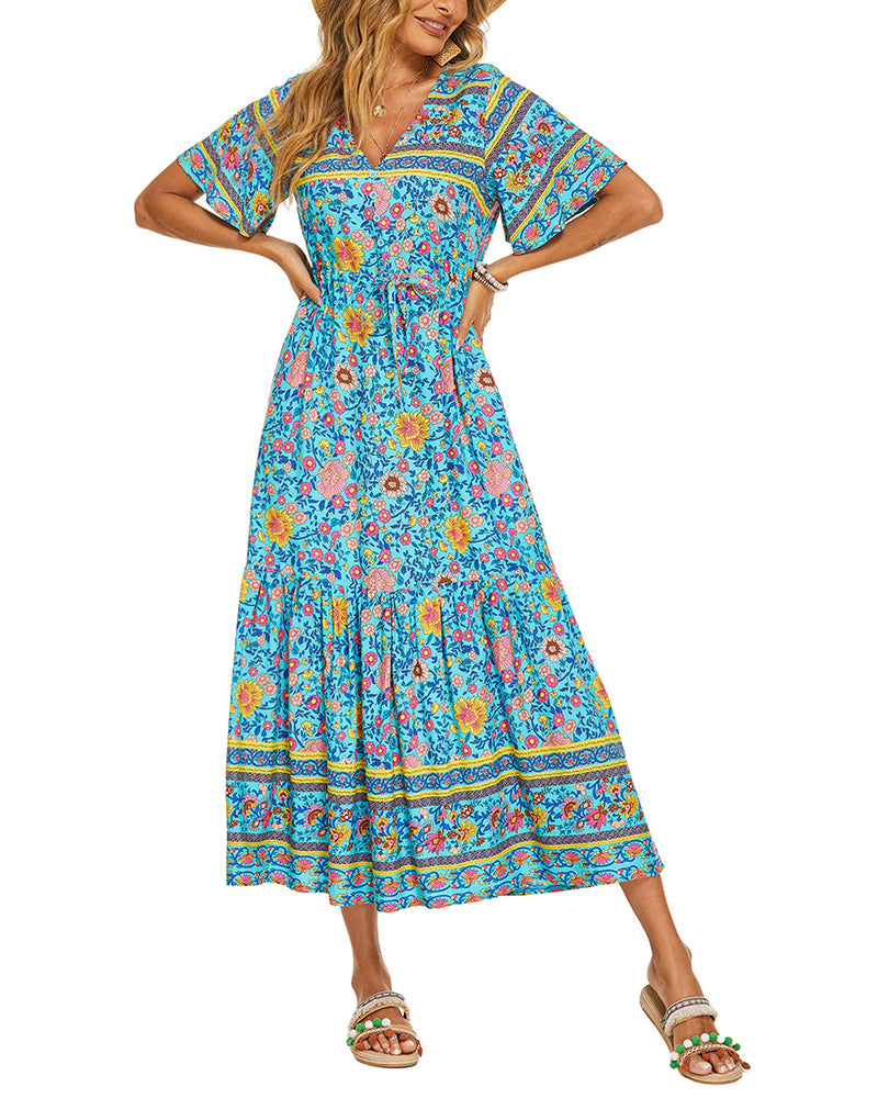 Zeagoo Women's V Neck Bohemian Dress Floral Printed Maxi Dress Short Sleeve Beach Party Dress - Short Sleeve-blue