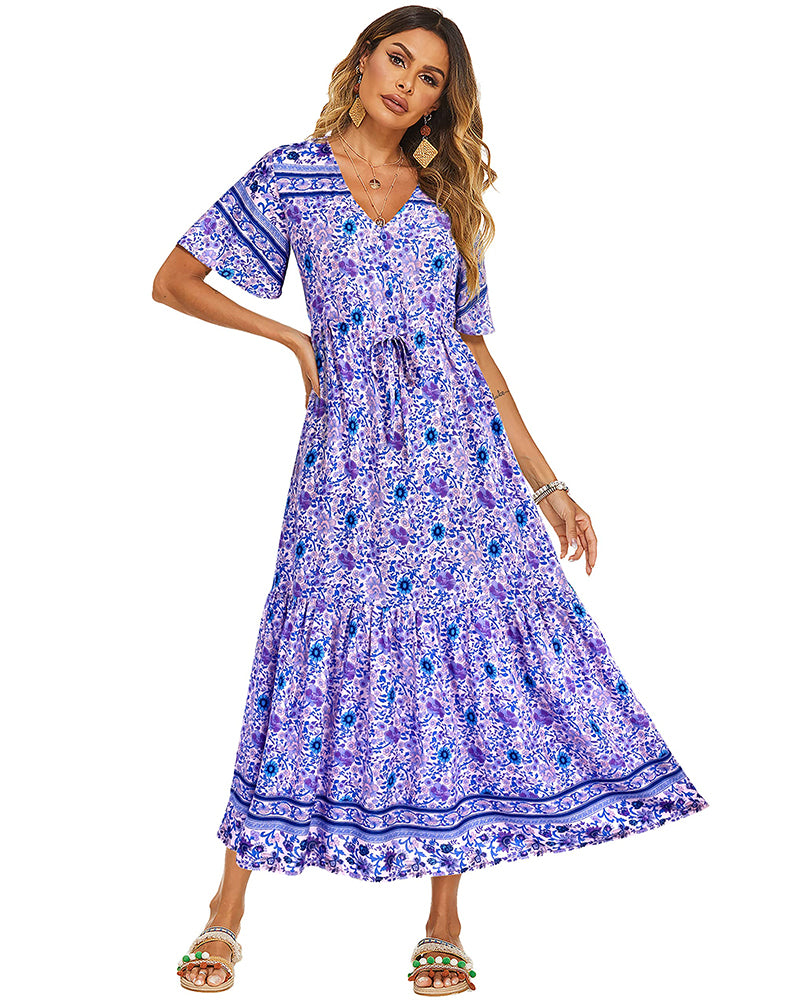 Zeagoo Women's V Neck Bohemian Dress Floral Printed Maxi Dress Short Sleeve Beach Party Dress - Short Sleeve-purple S