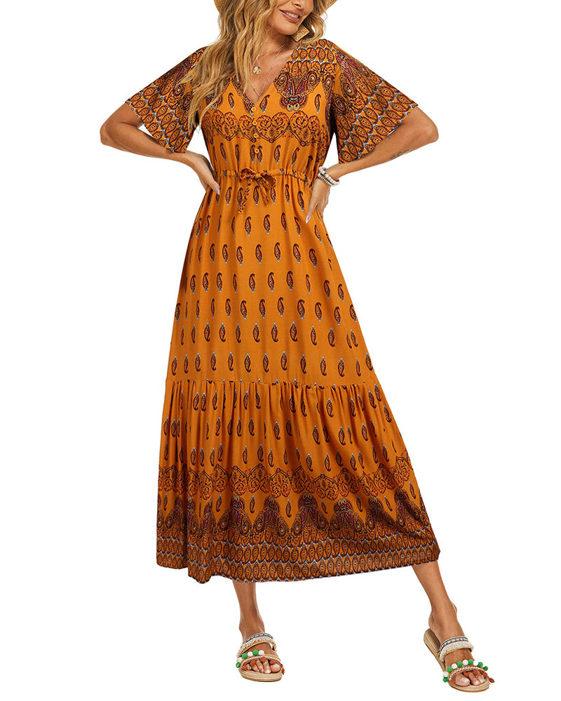 Zeagoo Women's V Neck Bohemian Dress Floral Printed Maxi Dress Short Sleeve Beach Party Dress - Short Sleeve-yellow L-
