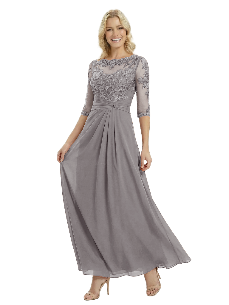 Unique Mother of The Groom Dress Beautiful Lace Long Sleeve A-Line Long Chiffon Ruched Evening Gown