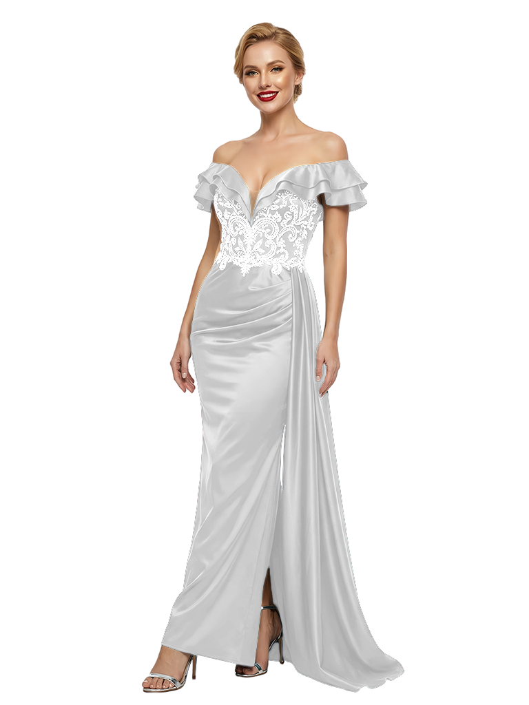 ChicSew Heavily Beaded Off The Shoulder Long Satin Mermaid Party Prom Dress