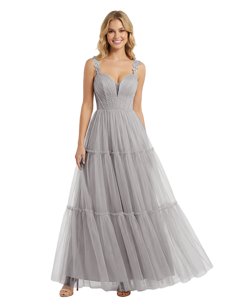 ChicSew Pretty V-Neck Tulle Prom Gown Elegant Lace Straps A-Line Maxi Evening Dress