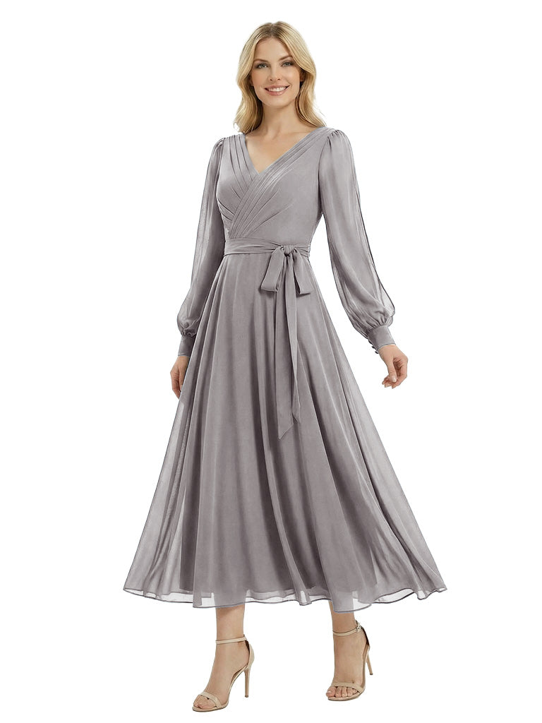 Elegant Mother of The Bride Dresses Modern V-Neck Long Sleeve Chiffon Gown Pretty Flowy Maxi Dress for Weddings