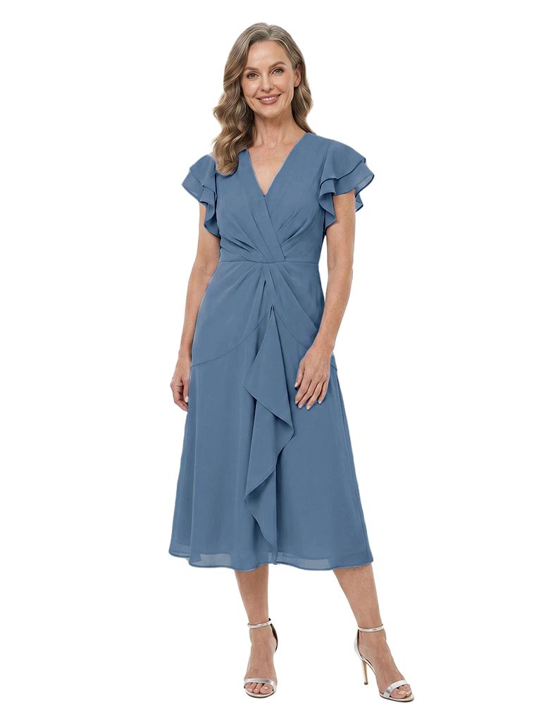 ChicSew Flutter Sleeves V-Neck Chiffon A-Line Midi Mother Of The Groom Dress With Ruffle