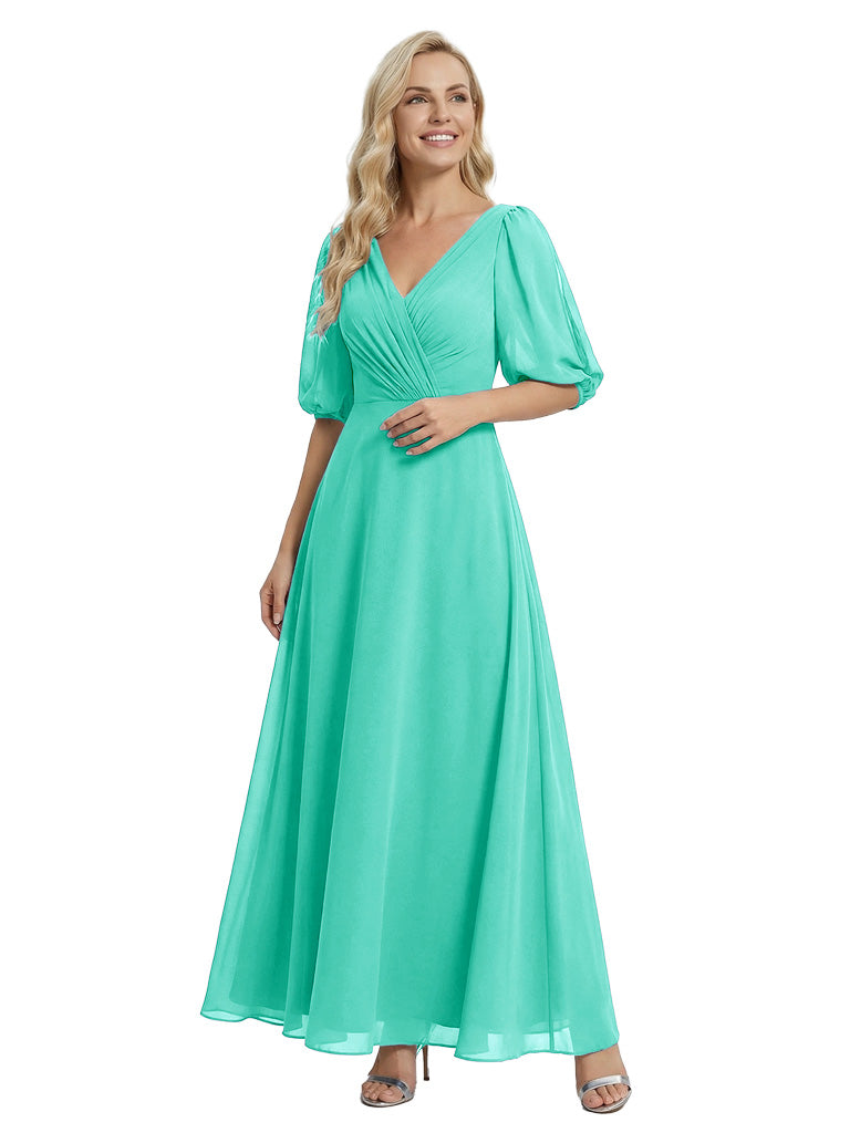 Unique Flutter Sleeves V-Neck Chiffon Ruched A-Line Maxi Dress For Mother Of The Bride