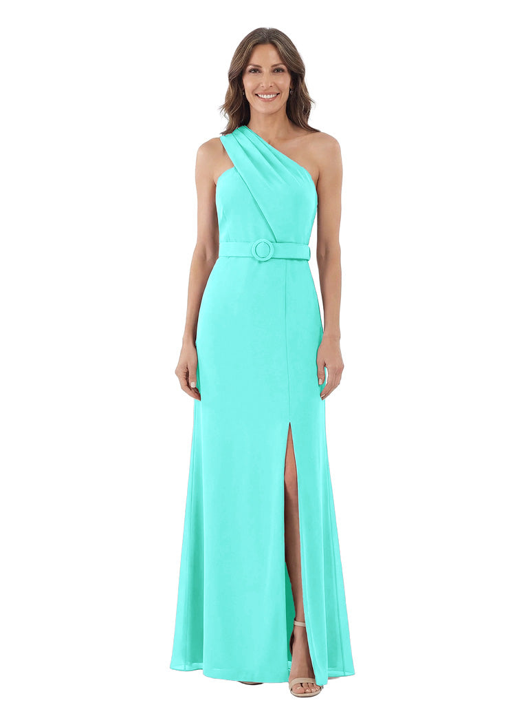 Modern One Shoulder Satin Mother of The Groom Dress Maxi Sheath Gown with Belt