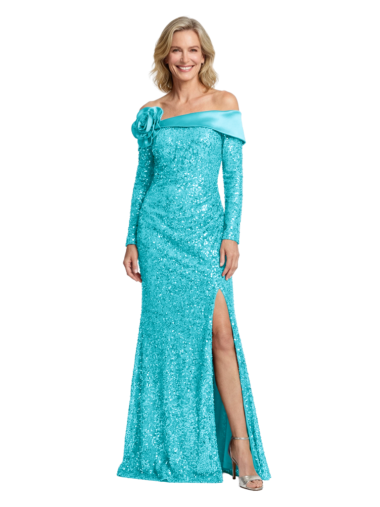 Glamorous Sequin Long Sleeves Mother of the Groom Dress with Floral Shoulder Accent