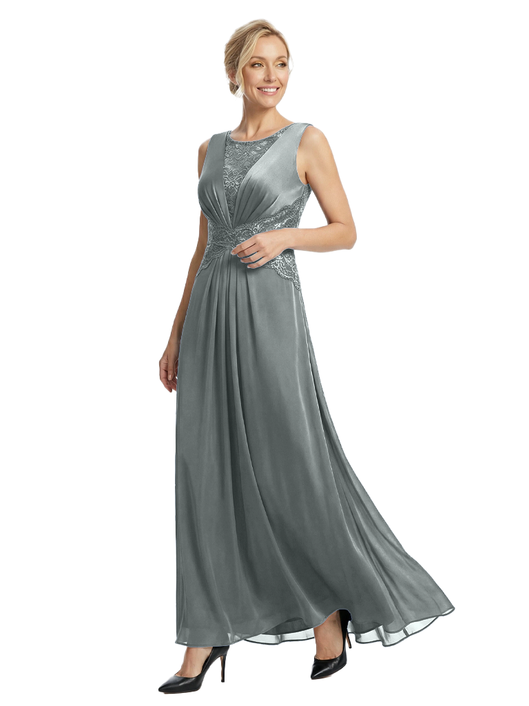 Chicsew Mother of The Bride Dresses Scoop Sleeveless Lace Chiffon Maxi Gown Classy Ruched Formal Wedding Event Dress