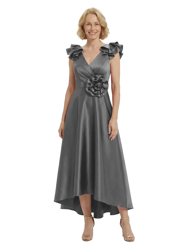 Chicsew Stunning V-Neck High-Low Ruffled Sleeves Satin Mother Of The Bride Dress